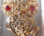 GERRY&#39;S Owl Brooch Gold-Tone Red Rhinestone Eyes Faux Micro Pearls 1 3/4... - $17.70