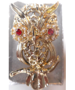 GERRY&#39;S Owl Brooch Gold-Tone Red Rhinestone Eyes Faux Micro Pearls 1 3/4... - £13.92 GBP