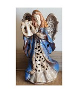 Ceramic Angel 9.75&quot; High Blue &amp; Gold Gown, Filligree Wings W/ Harp See P... - $13.48