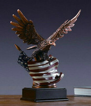 EAGLE &amp; American Flag  Bronze Sculpture Statue Desk Mantle Display USA  12.5&quot;  - £46.02 GBP