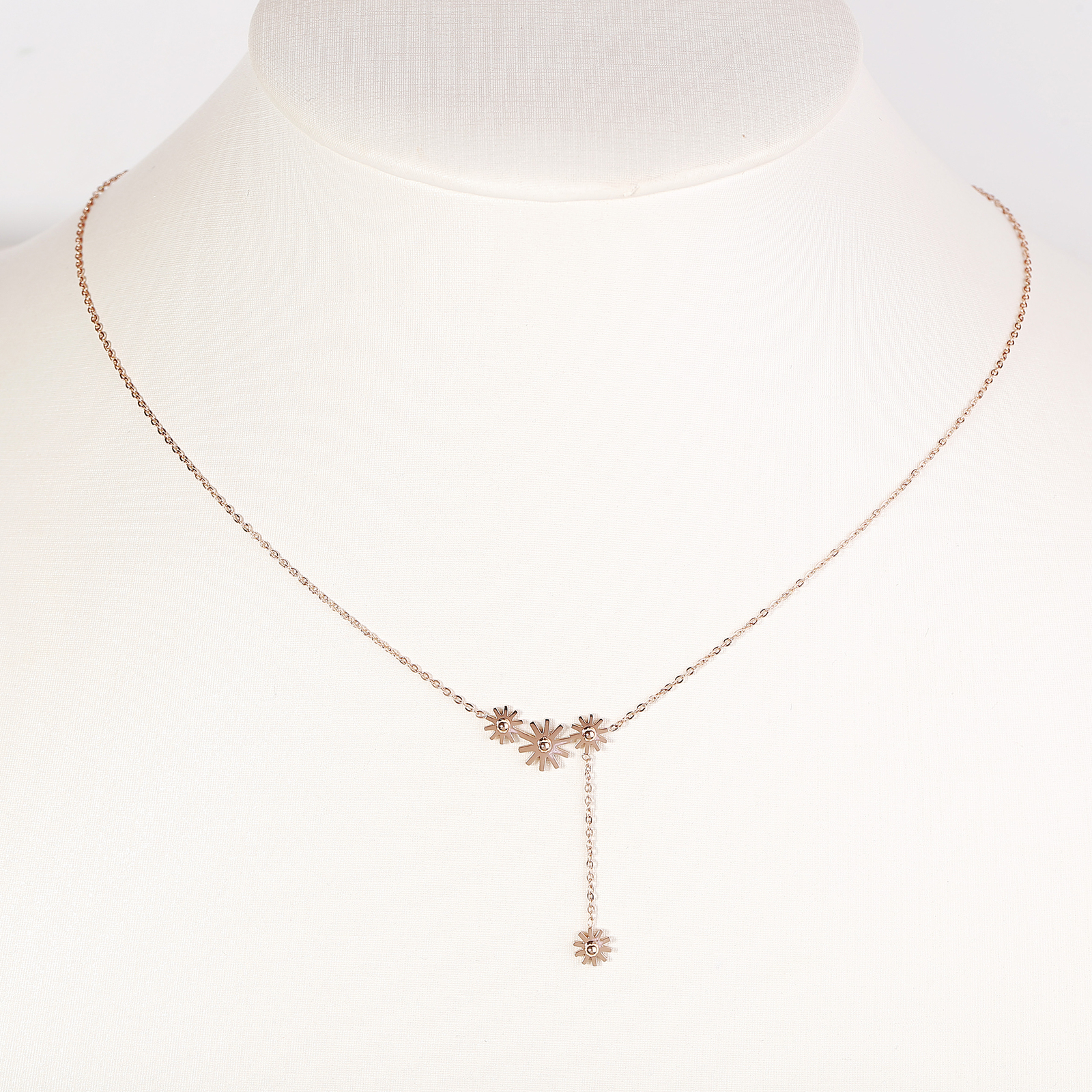 Rose Tone Floral Trio Necklace with Dangling Flower Accent