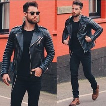  Men Genuine Lambskin Quilted Real Leather Motorcycle Slim fit Biker Jac... - $139.68 CAD