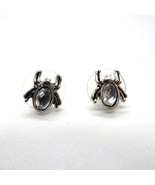 Spider Shaped Earrings Silver Tone Pierced Stud Clear Rhinestone Center - £14.16 GBP