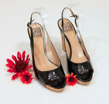 Pour la Victoire Black Patent Leather Cork Wedge Sandals US 8.5 - $16.82