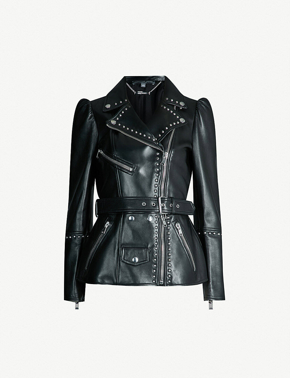 Women's Black Color Biker Slim Fit Genuine Leather Silver Studs Belted Jacket