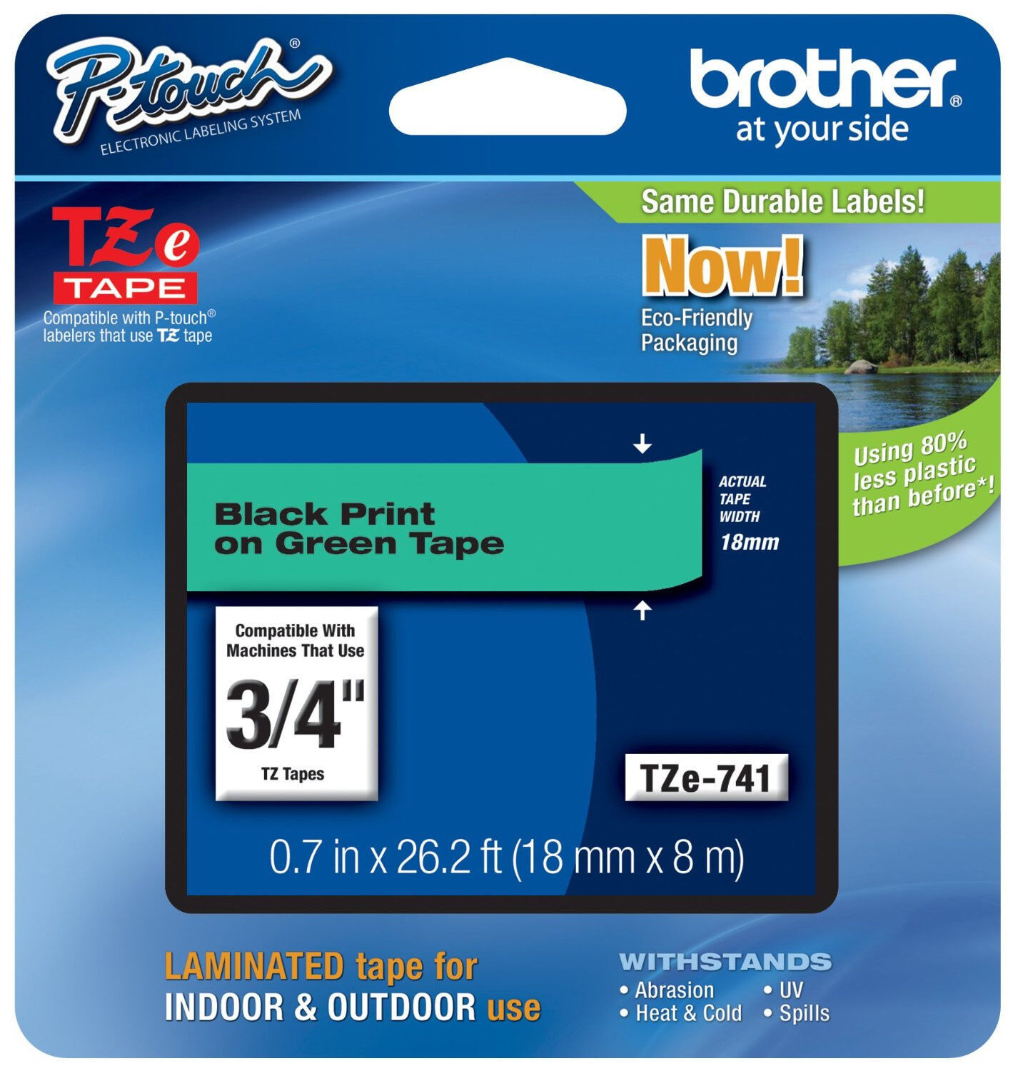 Brother TZ741 TZe741 18mm 3/4" inch black on green TZ tape PT2030 PT1880 P-Touch