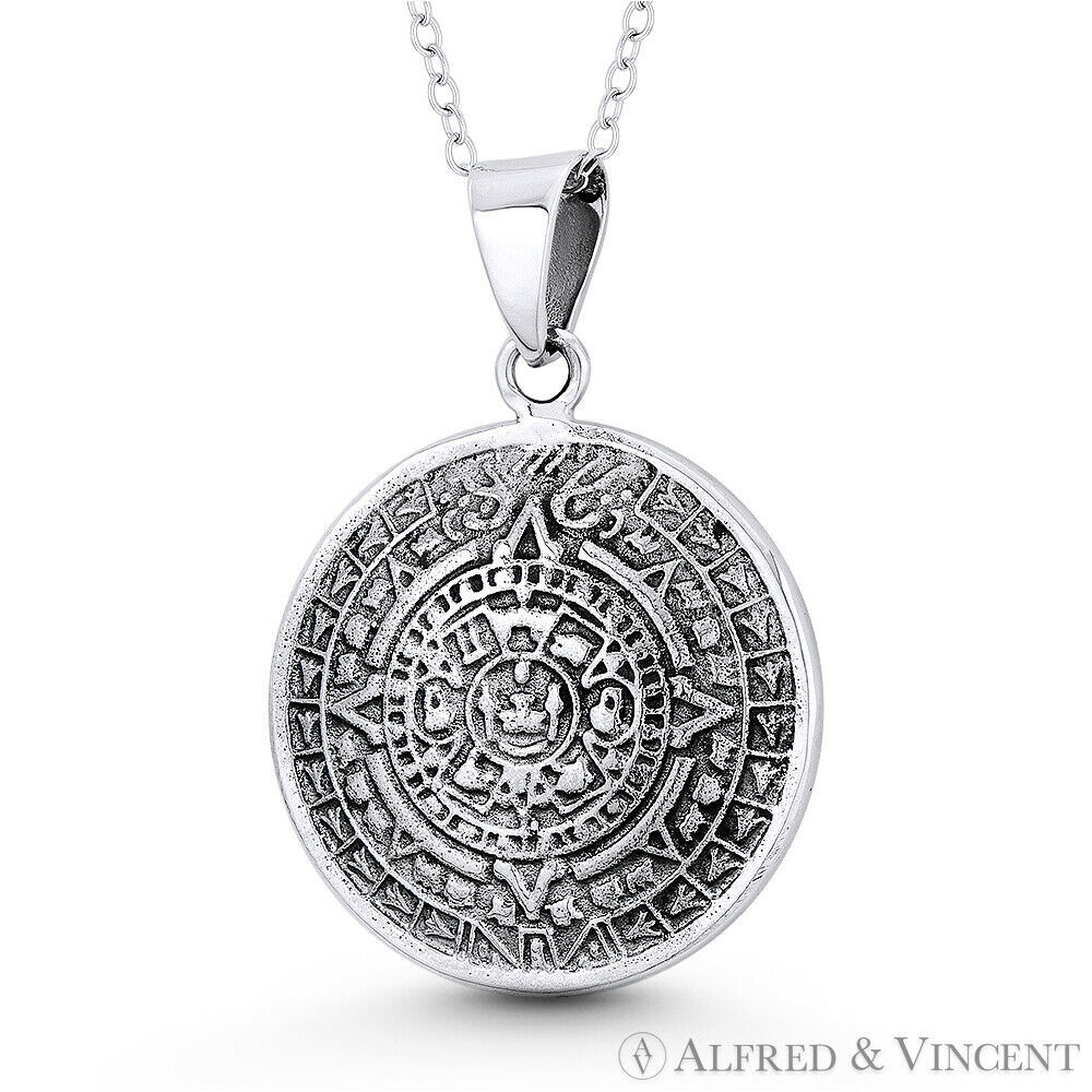 Primary image for Mayan Calendar & Aztec God Tonatiuh 2-Sided 36x25mm Pendant .925 Sterling Silver