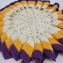 Vintage Handmade Crochet Doily Beige Raised Ruffle 8 Inch Purple Yellow - £8.22 GBP