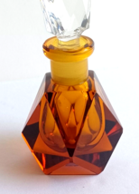 Vintage Czech Art Deco Cut Amber Glass Perfume Bottle Clear Cut Stopper - £35.23 GBP