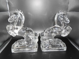 2 Le Smith Glass Vintage Crystal Clear Glass Rearing Horse Bookends - £58.22 GBP