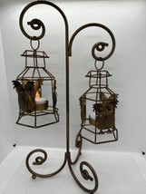 Metal Brass Hanging Double OWLS Votive Tealight Candle Holders 15” X 9” Scrolls - £29.54 GBP