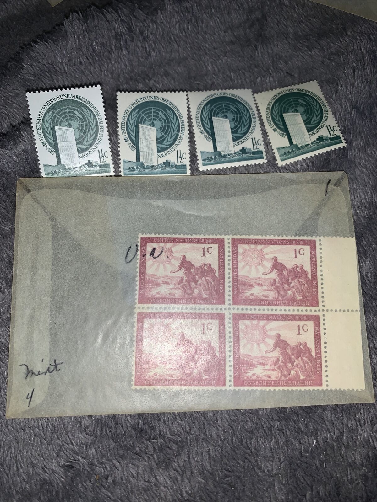 4 Sets United Nations, Scott#1 &amp; # 2, 1951, 1 &amp; 1 1/2 cents, MHOG - $0.99