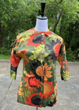 Vtg 60s Mod Floral Blouse Shirt Jacket 3/4 sleeve Sunflowers Abstract Art Boho - £45.22 GBP