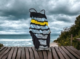 Speedo 1 Piece Swimsuit 6/32 Black Blue Yellow Jagged Stripe Racerback - £10.91 GBP