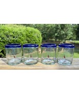 Hand Blown Mexico Cobalt Blue Rim Lowball Glasses Rocks Floating Chili Peppers - $59.99