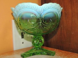 Carnival Glass Compote 6&quot; Green Opalescent bead Fluer de Lis Button Ruff... - $22.49