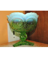 Carnival Glass Compote 6&quot; Green Opalescent bead Fluer de Lis Button Ruff... - £17.69 GBP