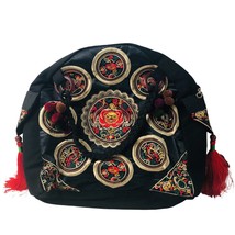 Black Embroidered Bag Asian Bright Colors Medallions Tassles 3 Pockets 1... - £29.34 GBP