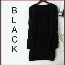 Ladies Soft Mink Cashmere Long Sleeve Black V-Neck Mini Sweater Shirt Dress