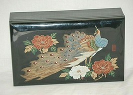 Asian Oriental Peacock Floral Jewelry Trinket Music Box Footed Vintage - $49.49