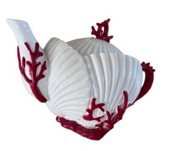 Pretty Red &amp; White Sea Coral Scallop Shell Teapot 10&quot; Coastal Decor - £43.48 GBP
