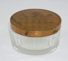 Vintage Art Deco Glass Trinket Box Metal lid Dresser Vanity Powder Jar Floral - £15.73 GBP