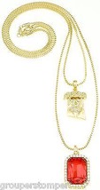 Ruby Red Necklace Rhinestone with Jesus New Set On 24 &amp; 30 Inch Box Chains God - £23.77 GBP