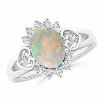 ANGARA Natural Opal Halo Ring with Heart Motifs in Silvers (Size-9x7mm) - £427.33 GBP+