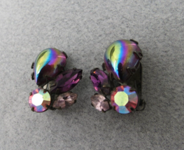 VTG Carnival Glass Purple AB Rhinestone Earrings Clip On  Silver Tone Pe... - $18.99