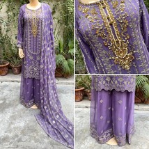 Pakistani Purple Straight Style Embroidered Sequins Chiffon Sharara Dress,S - $138.60