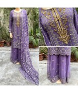 Pakistani Purple Straight Style Embroidered Sequins Chiffon Sharara Dress,S - $138.60