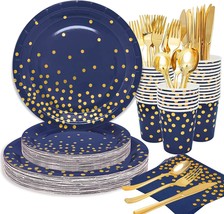 175PCS Blue Party Plates Royal Blue Plates and Napkins Supplies Blue Gold Dots P - £40.03 GBP