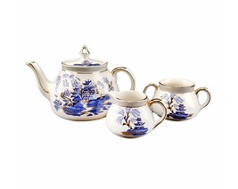 Gibsons W392 Blue Willow tea service of four-cup teapot, creamer and sugar bowl. - £112.38 GBP
