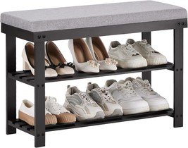 Apicizon 3-Tier Shoe Rack For Entryway, Bamboo Shoe Bench With Cushion, Black - £48.74 GBP
