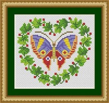 Vintage Butterfly Heart Shaped Green Leaves Wreath Cross Stitch Pattern PDF - £3.19 GBP