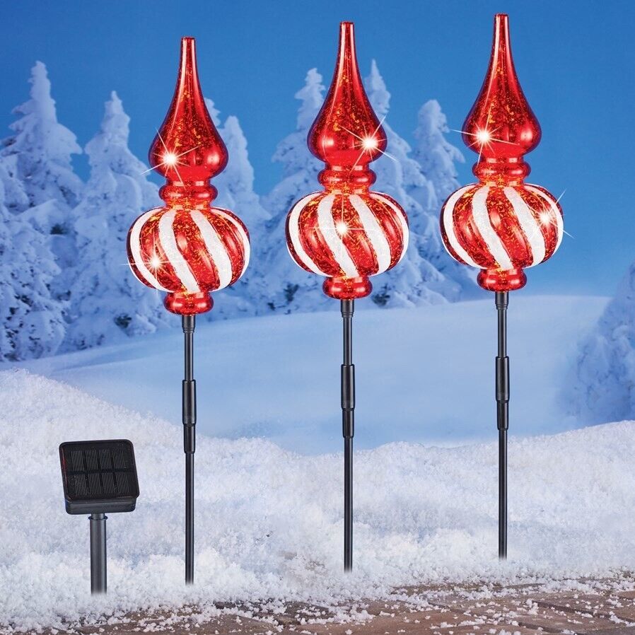Set of 3 Solar LED Christmas Finial Topiary Ornament Garden Stake Outdoo... - $23.50
