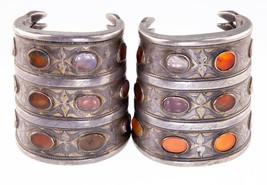 Antique Pair of Wide Turkmen Turkoman Carnelian Silver Cuff Bracelets - $778.59