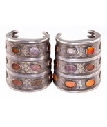 Antique Pair of Wide Turkmen Turkoman Carnelian Silver Cuff Bracelets - $778.59