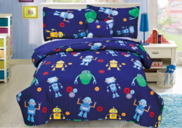 Azul Robot 4 Piezas Doble / Completo Talla Kids Niños Niña Colcha/ Funda... - £35.34 GBP