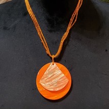 Vintage Beaded Orange Mother of Pearl Shell Round Pendant Necklace Lobster Clasp - £21.18 GBP