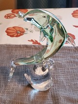 Murano Style Dolphin Figurine on Wave Base 11” Art Glass Green &amp; Clear BEAUTIFUL - £36.96 GBP