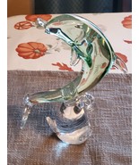 Murano Style Dolphin Figurine on Wave Base 11” Art Glass Green &amp; Clear B... - £38.87 GBP
