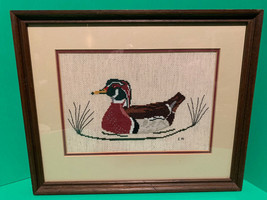 Vintage 1970&#39;s Double-Matted &amp; Framed Wood Duck Cross-Stitch Picture - £17.18 GBP