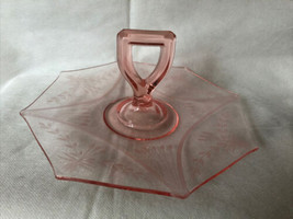 Depression glass tray with center handle pink floral etched octagon vintage - £15.12 GBP