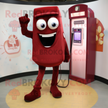 Maroon Phone mascot costume character dressed with a Bootcut Jeans and Rings - $1,249.00