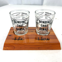 His And Her Vintage Genuine Shot Glass Pair w/Wooden Base Half Full Big ... - £28.48 GBP