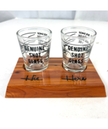 His And Her Vintage Genuine Shot Glass Pair w/Wooden Base Half Full Big ... - £27.96 GBP