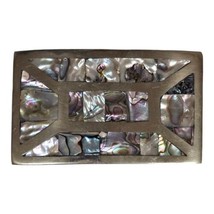 Vtg 70s Mother of Pearl Belt Buckle Artisan Mosaic Inlay Silver Tone Boho Chic - £32.95 GBP