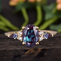 Alexandrite Engagement Ring Oval Vintage Solid Gold Ring Unique Cluster Kite Cut - £44.24 GBP