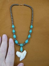 (s6-M) 1-3/8&quot; Modern Tiger Shark Tooth 20&quot; Hematite + Turquoise Beaded Necklace - $99.10